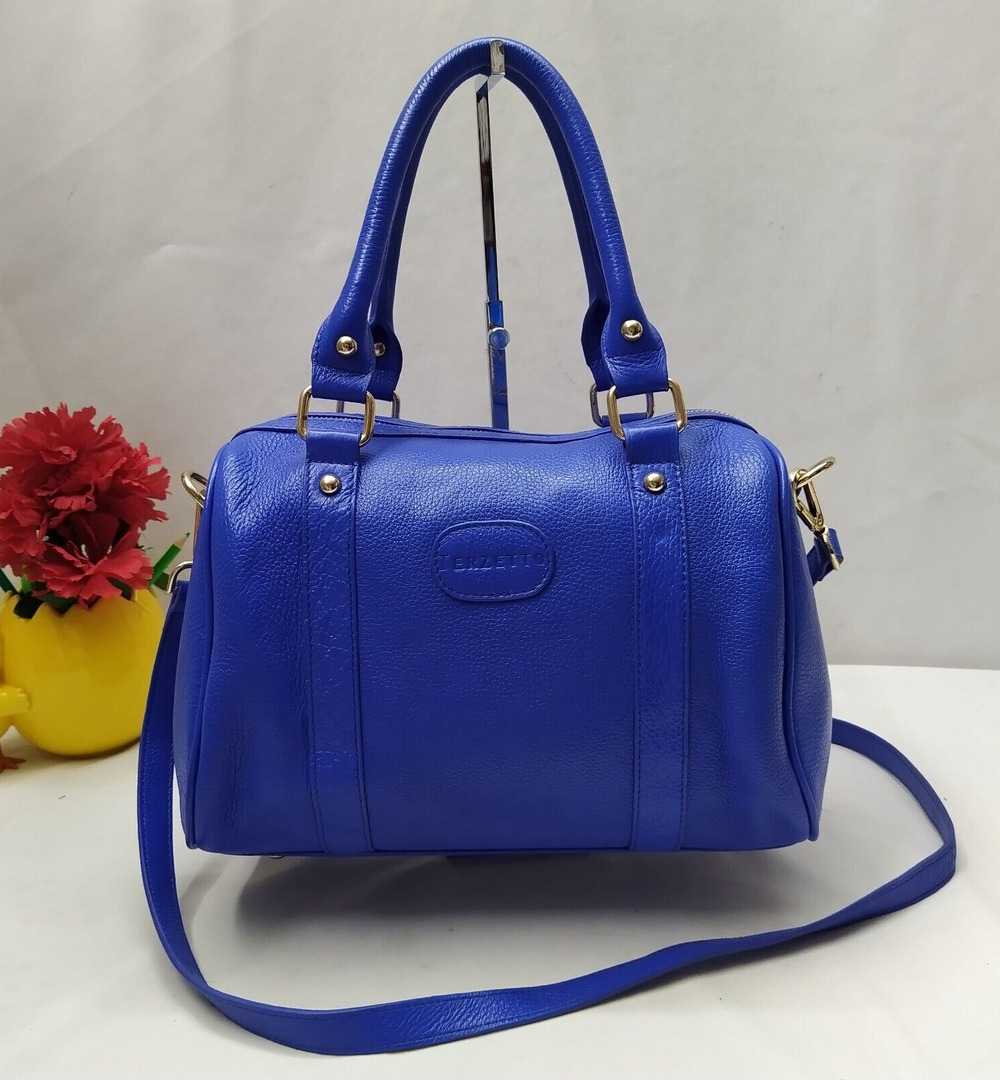 Terzetto Blue Pebbled Leather Double Handle Zipper Closure Satchel Shoulder Bag